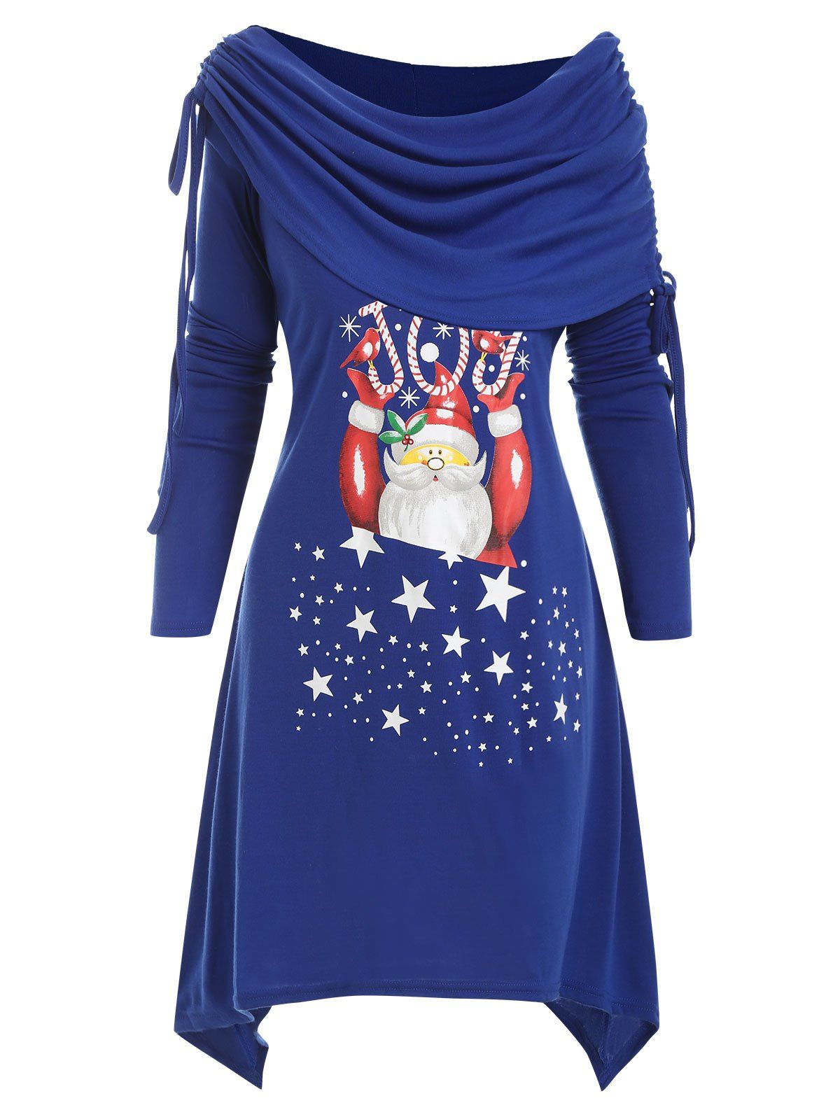 

Christmas Santa Claus Cowl Front Off Shoulder Dress, Blue