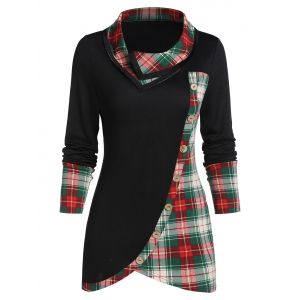 

Plaid Print Mock Button Overlap Tunic T-shirt, Black