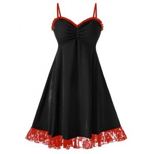 

Plus Size Christmas Velvet Flounce Lace Panel Cami Dress, Black
