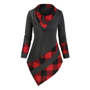 

Plaid Panel Asymmetric Cowl Neck Top, Ash gray