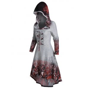 

Tree Root Print Hooded Lace-up High Low Dress, Gray cloud