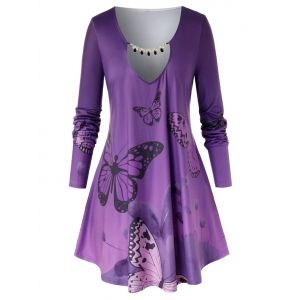 

Plus Size Butterfly Print Keyhole Ombre Color T Shirt, Purple iris