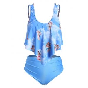 

Plus Size Angel Cherub Print High Rise Tankini Swimsuit, Deep sky blue