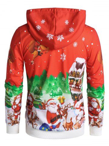 

Christmas Santa Claus Snowman Elk Print Kangaroo Pocket Pullover Hoodie, Red