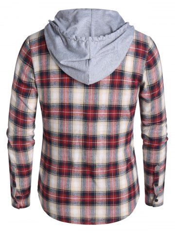 

Plaid Print Pockets Drawstring Hooded Shirt, Red