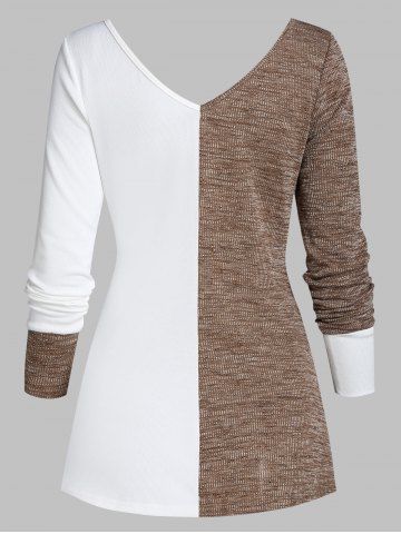 

Twist Front Mock Button Contrast Ribbed Sweater, Camel brown