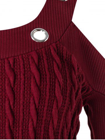

Plus Size Grommets Open Shoulder Cable Knit Sweater, Red wine