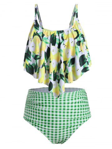 Plus Size Plaid Lemon Print Overlay Tankini Swimwear