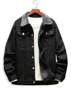 Faux Fur Lined Casual Denim Jacket - BLACK - S