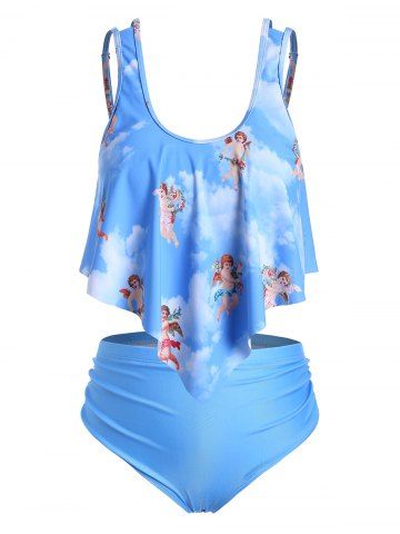 Plus Size Angel Cherub Print High Rise Tankini Swimsuit - DEEP SKY BLUE - 5X