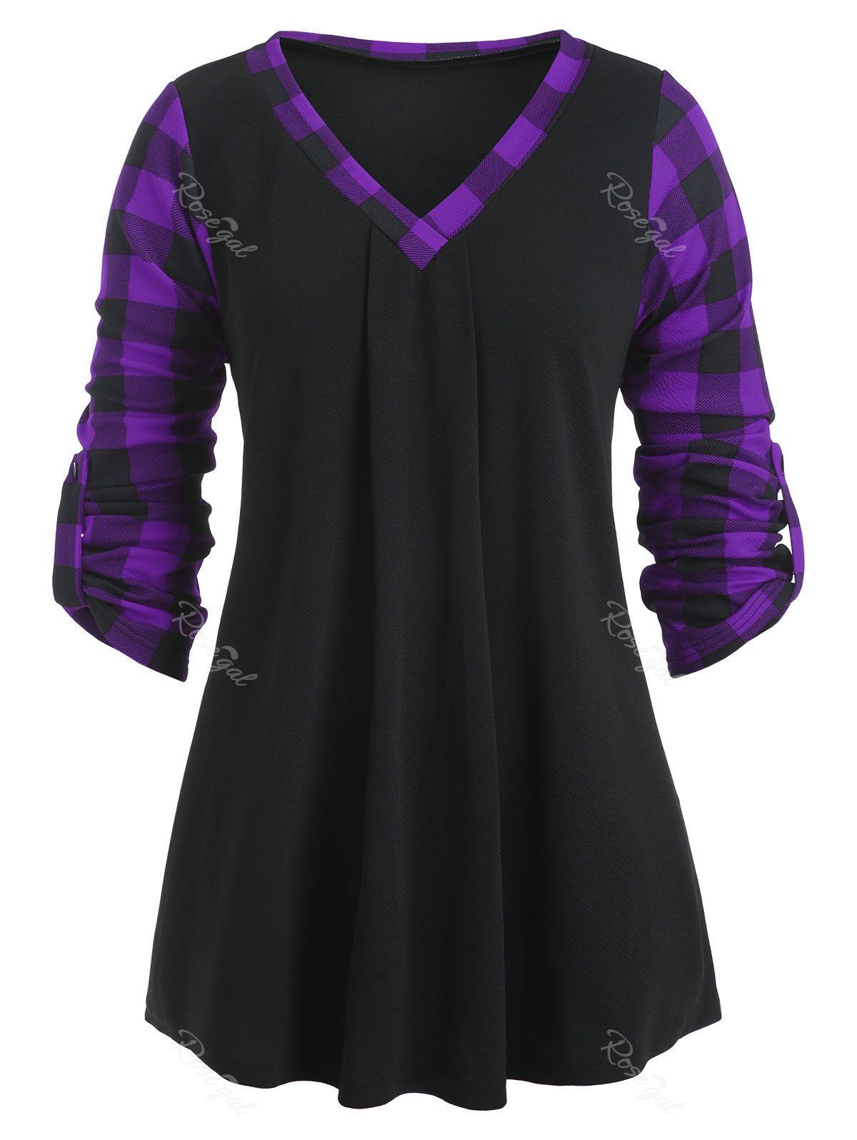 

Plus Size V Neck Roll Up Sleeve Plaid Tunic T-shirt, Purple amethyst