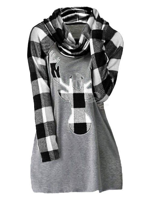 

Plus Size Christmas Cowl Neck Plaid Elk Print T Shirt, Night