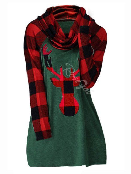 

Plus Size Christmas Cowl Neck Plaid Elk Print T Shirt, Deep green