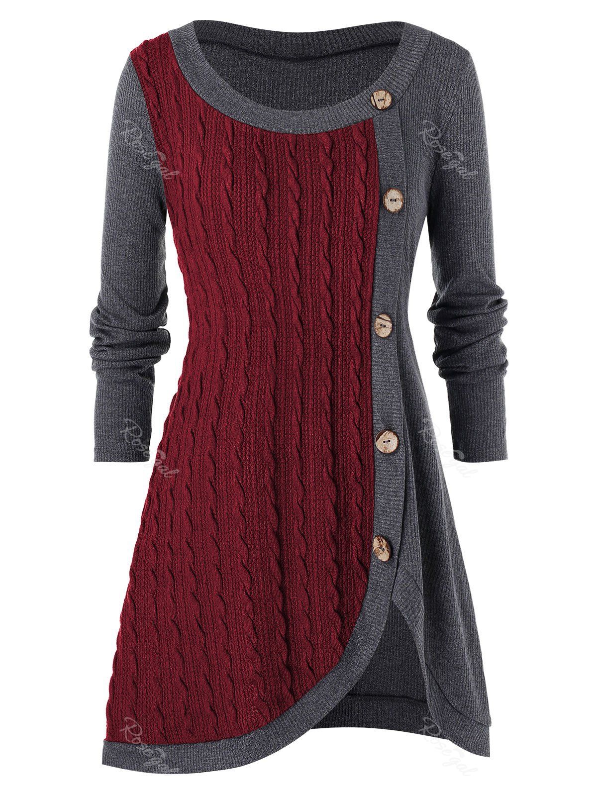 

Plus Size Split Buttoned Cable Knit Sweater, Firebrick