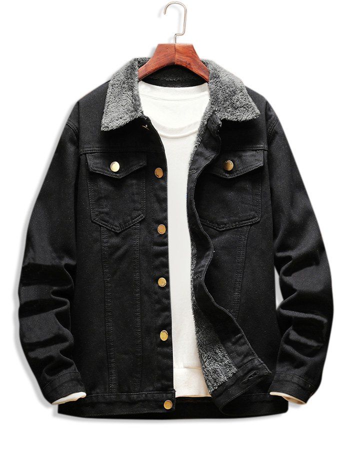 

Faux Fur Lined Casual Denim Jacket, Black