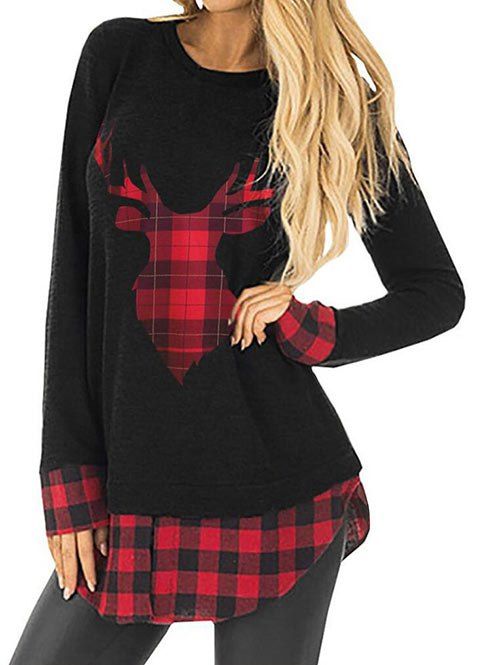

Christmas Plaid Elk Long Sleeve Knitwear, Black