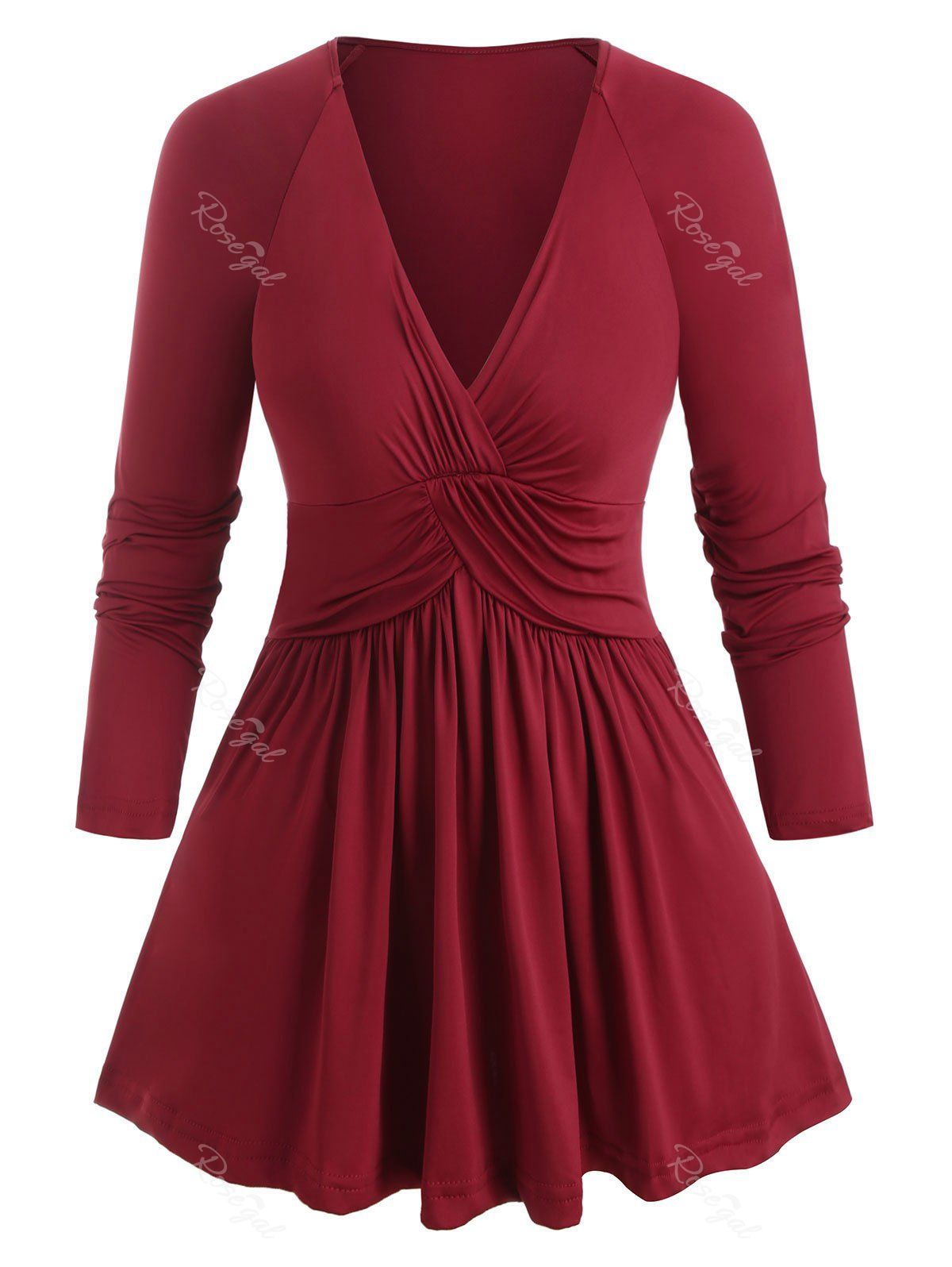 

Plus Size Low Cut Ruched T Shirt, Red wine