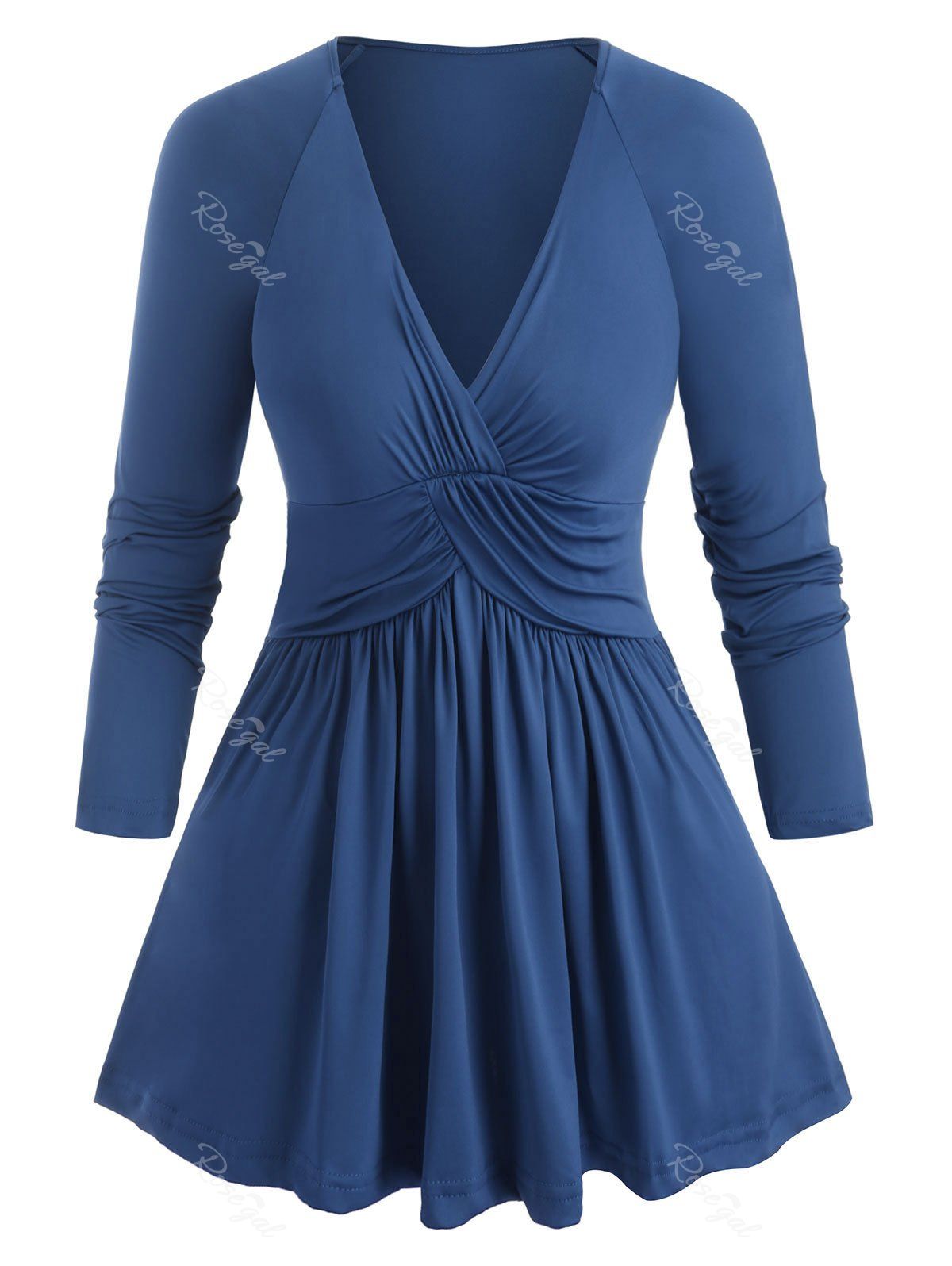 

Plus Size Low Cut Ruched T Shirt, Silk blue