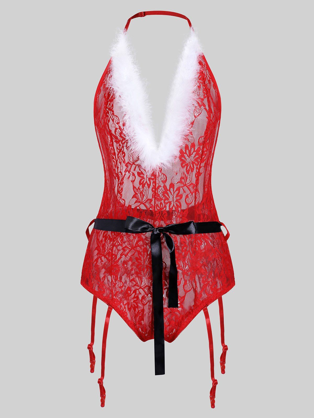 

Halter Christmas Belted Garter Fuzzy Plus Size Lace Teddy, Red