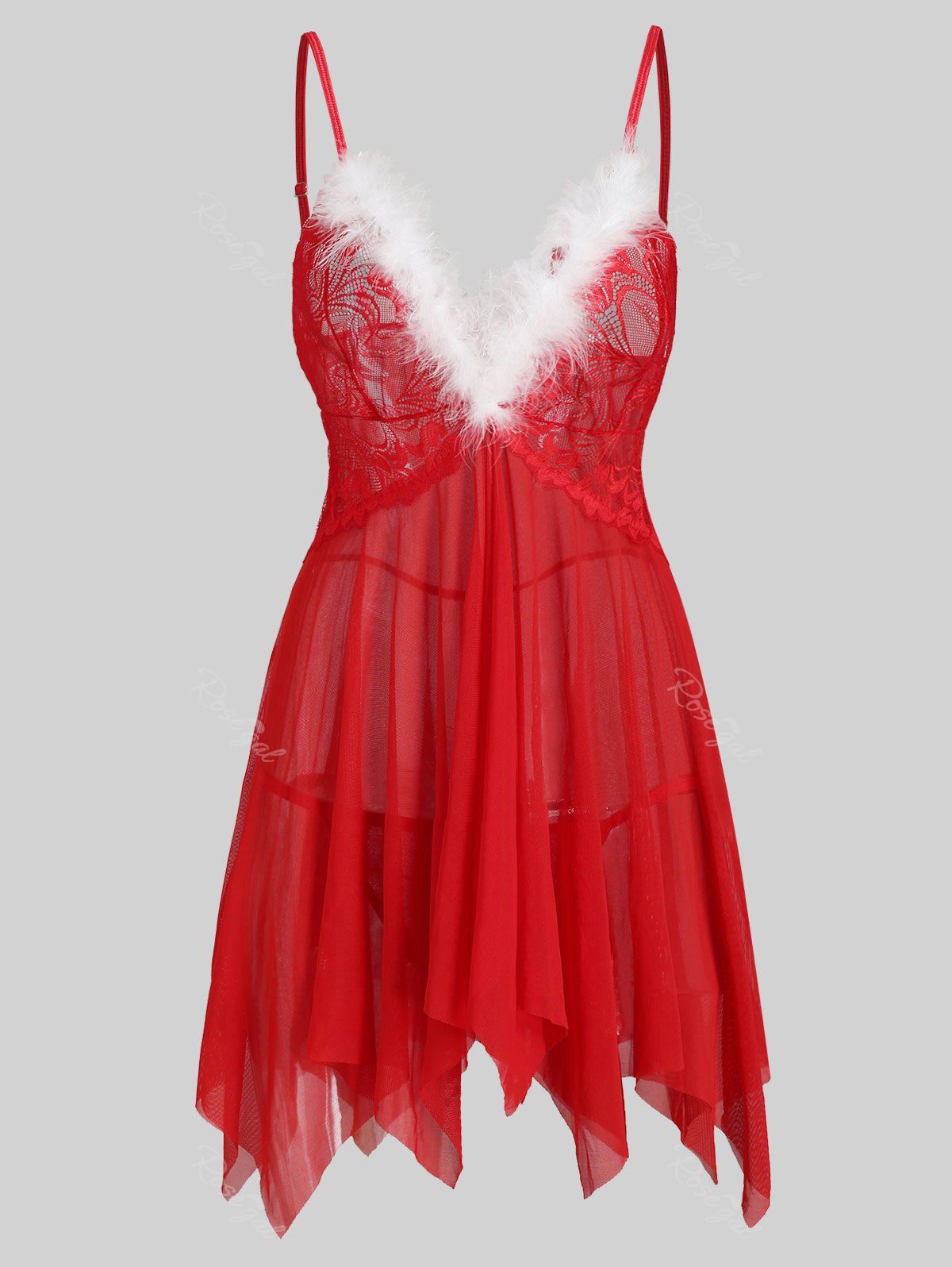 

T Back Christmas Lace Panel Faux Fur Sheer Mesh Plus Size Babydoll, Red