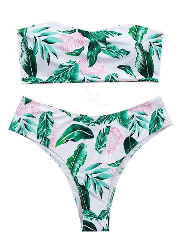 

Floral Leaves Print Plus Size Bandeau Bikini Swimsuit, Green