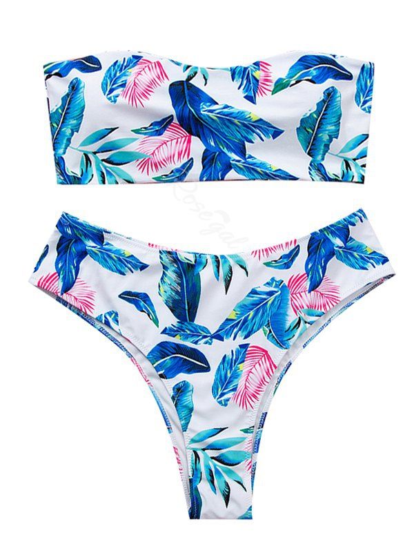 

Floral Leaves Print Plus Size Bandeau Bikini Swimsuit, Blue