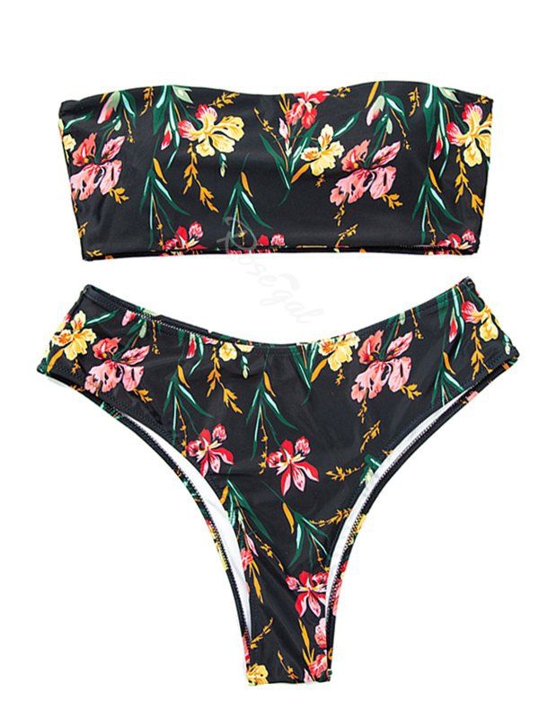 

Floral Leaves Print Plus Size Bandeau Bikini Swimsuit, Black