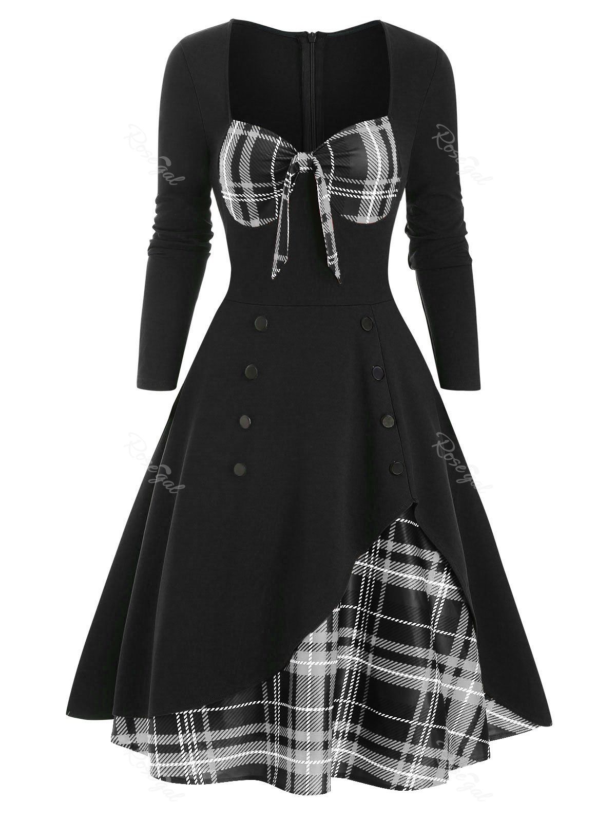 

Plaid Button Embellished Bowknot Sweetheart Dress, Gray