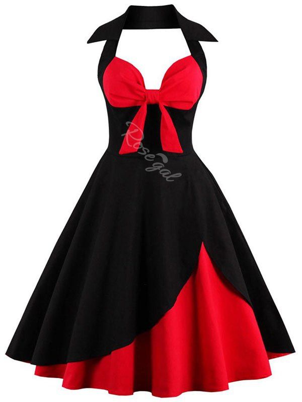 

Plus Size Halter Two Tone Bow Vintage Dress, Red