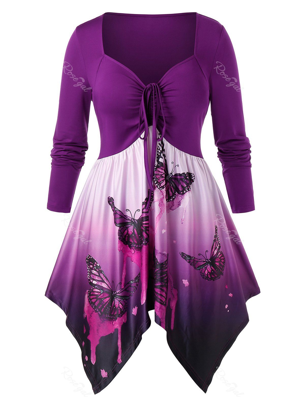 

Plus Size Asymmetrical Butterfly Ombre Cinched Tunic Tee, Multi