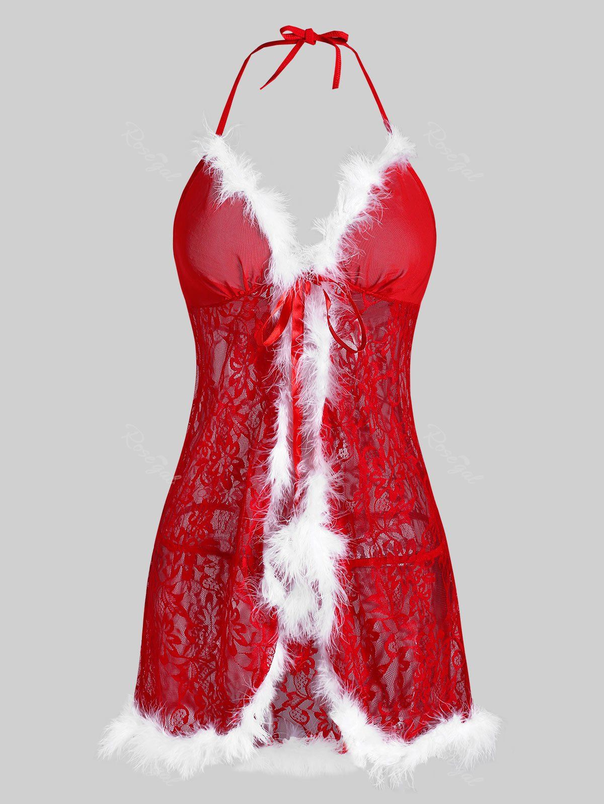 

Christmas Tie Front Fuzzy T Back Plus Size Lace Babydoll, Red