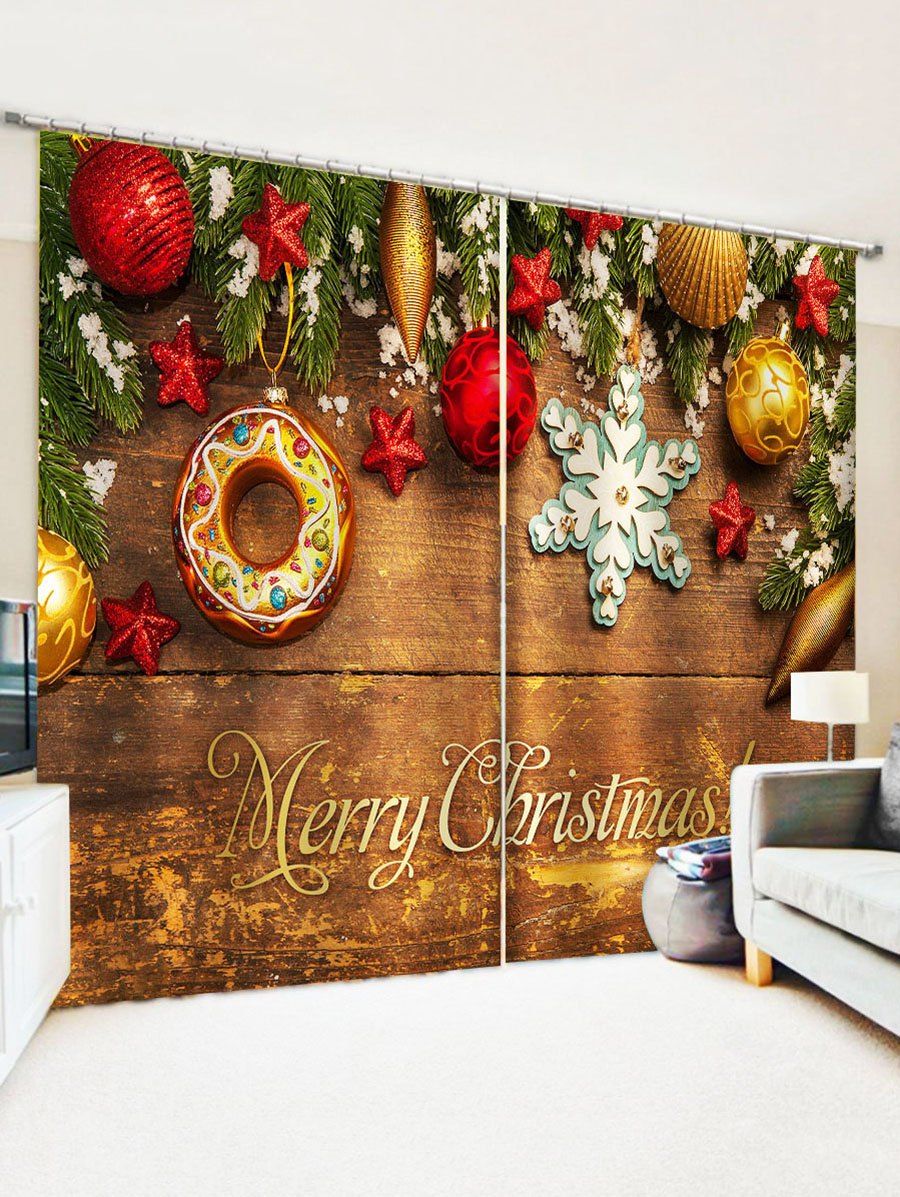 

2 Panels Christmas Balls Greeting Wood Grain Print Window Curtains, Multi