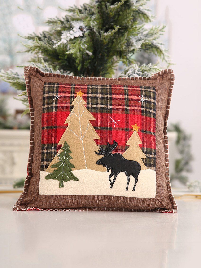 

Christmas Tree Elk Plaid Pillow Case, Red