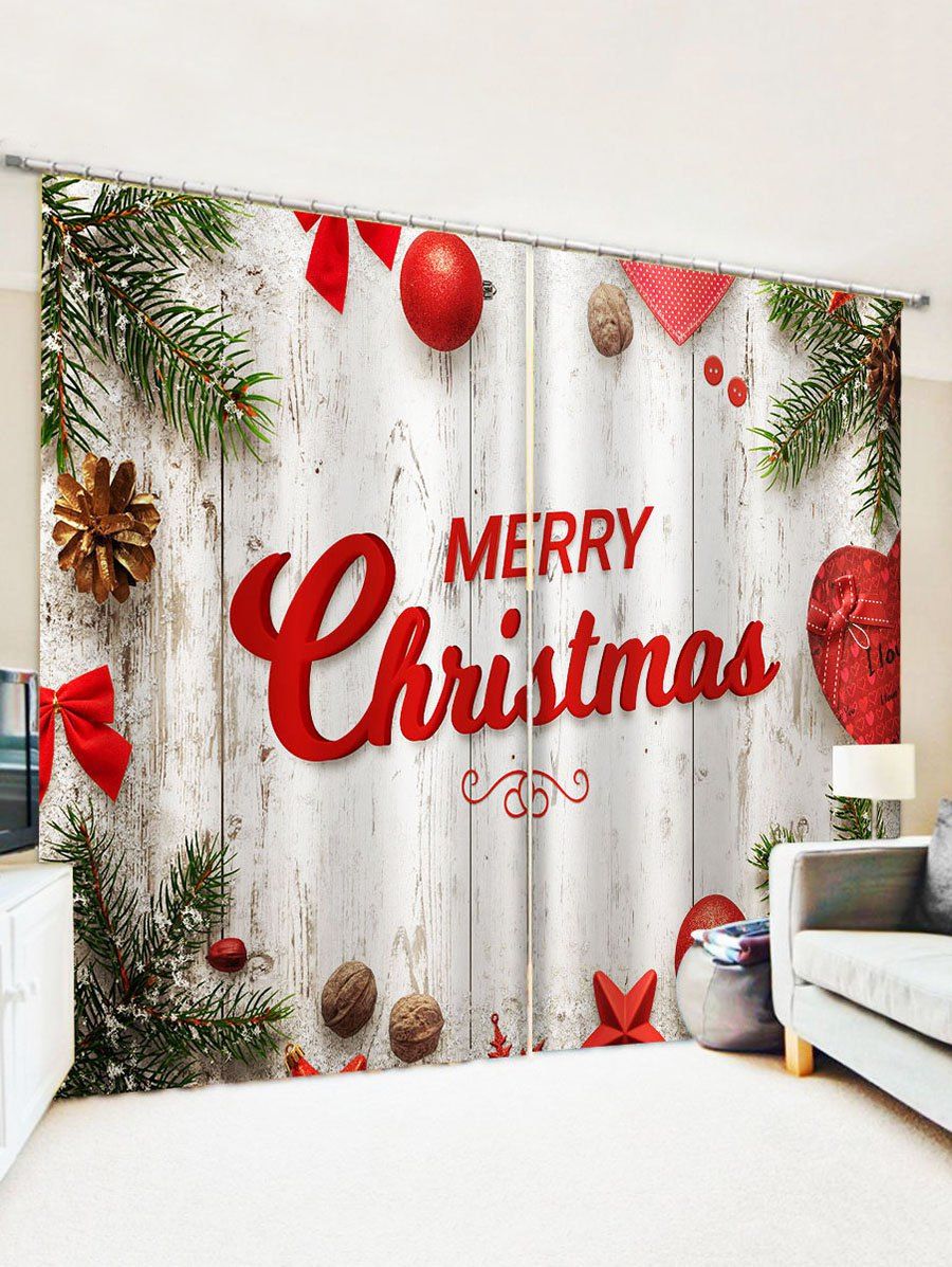 

2 Panels Christmas Greetings Wood Grain Print Window Curtains, Multi