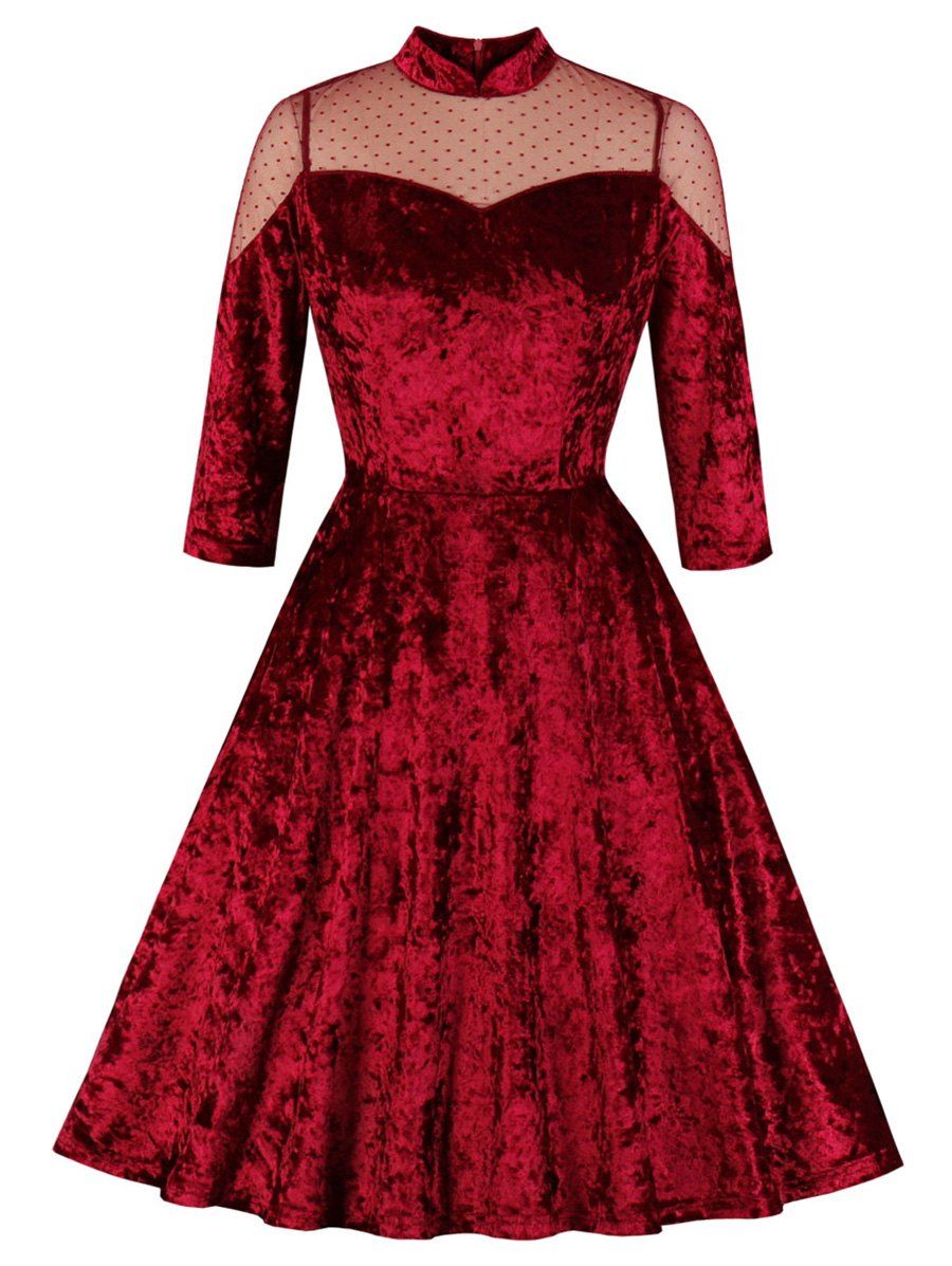 

Mock Neck Swiss Dot Mesh Velvet Dress, Red wine