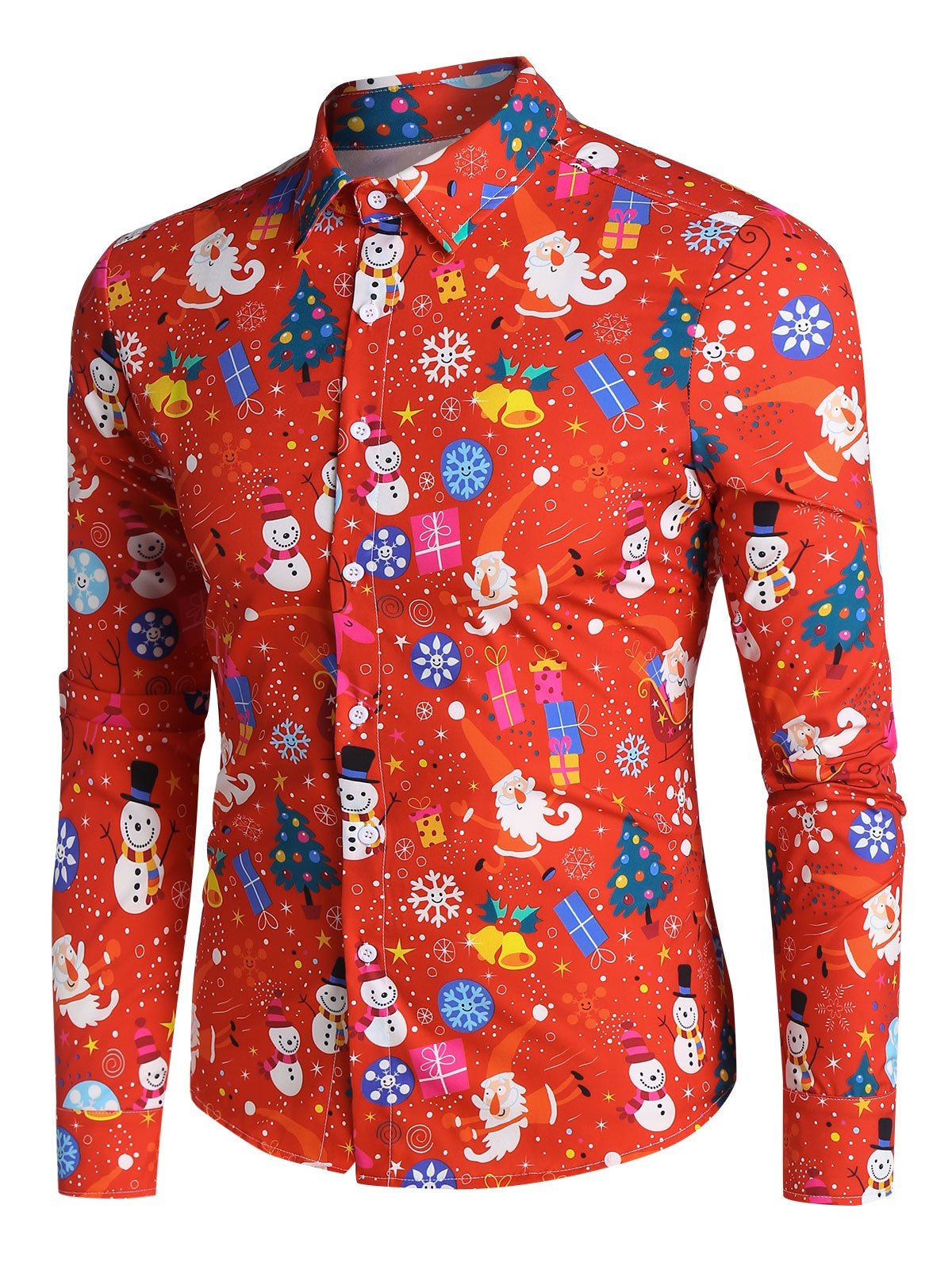 

Christmas Santa Claus and Snowman Print Button Up Long Sleeve Shirt, Red