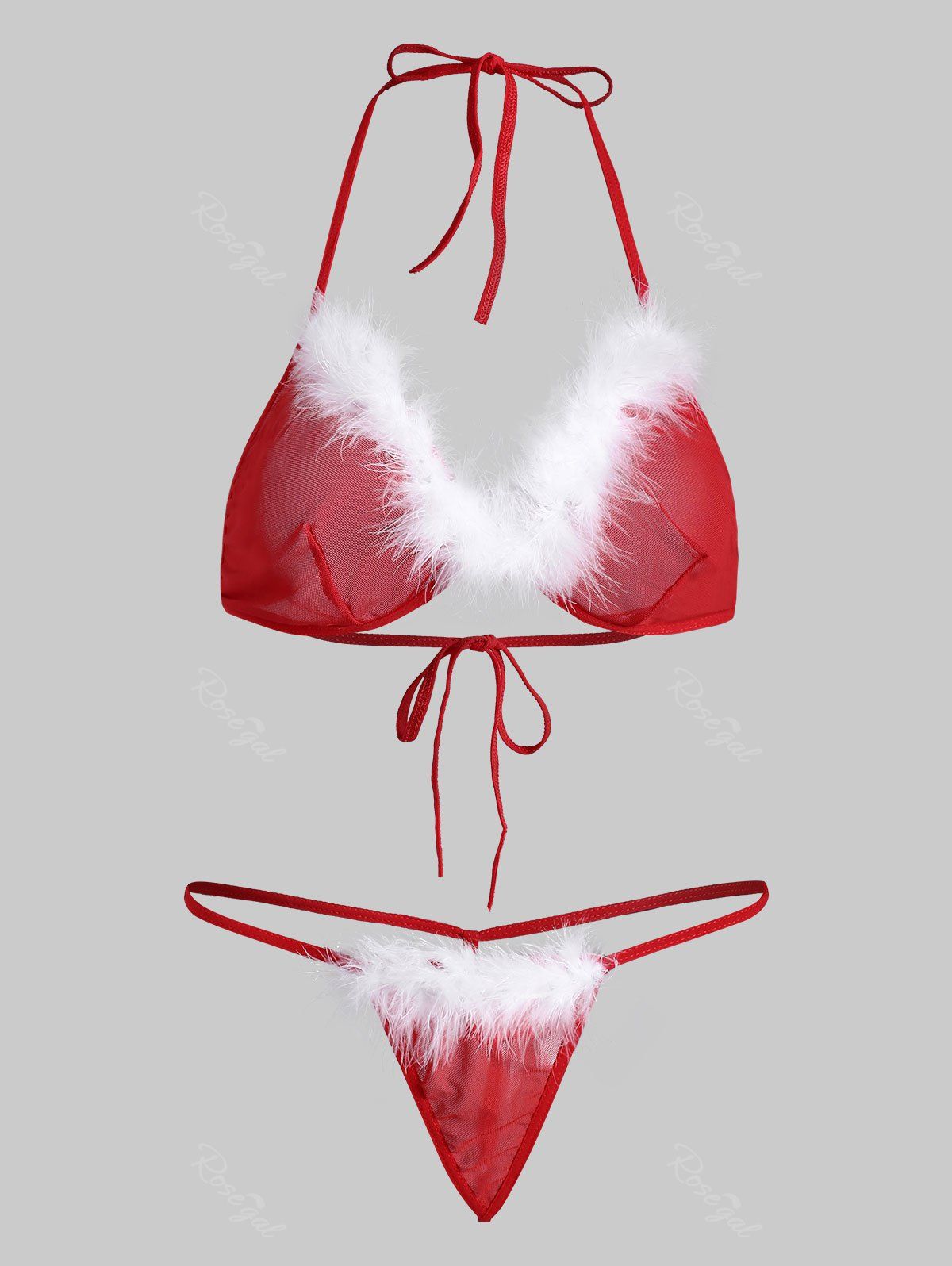 

Halter Christmas Fuzzy Sheer Mesh Plus Size Lingerie Set, Red