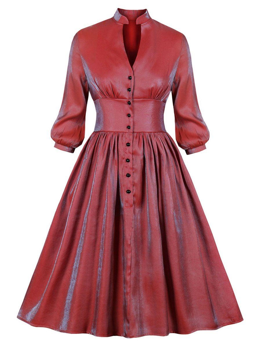 

Button Placket Shiny Silky Long Sleeve Shirt Dress, Red