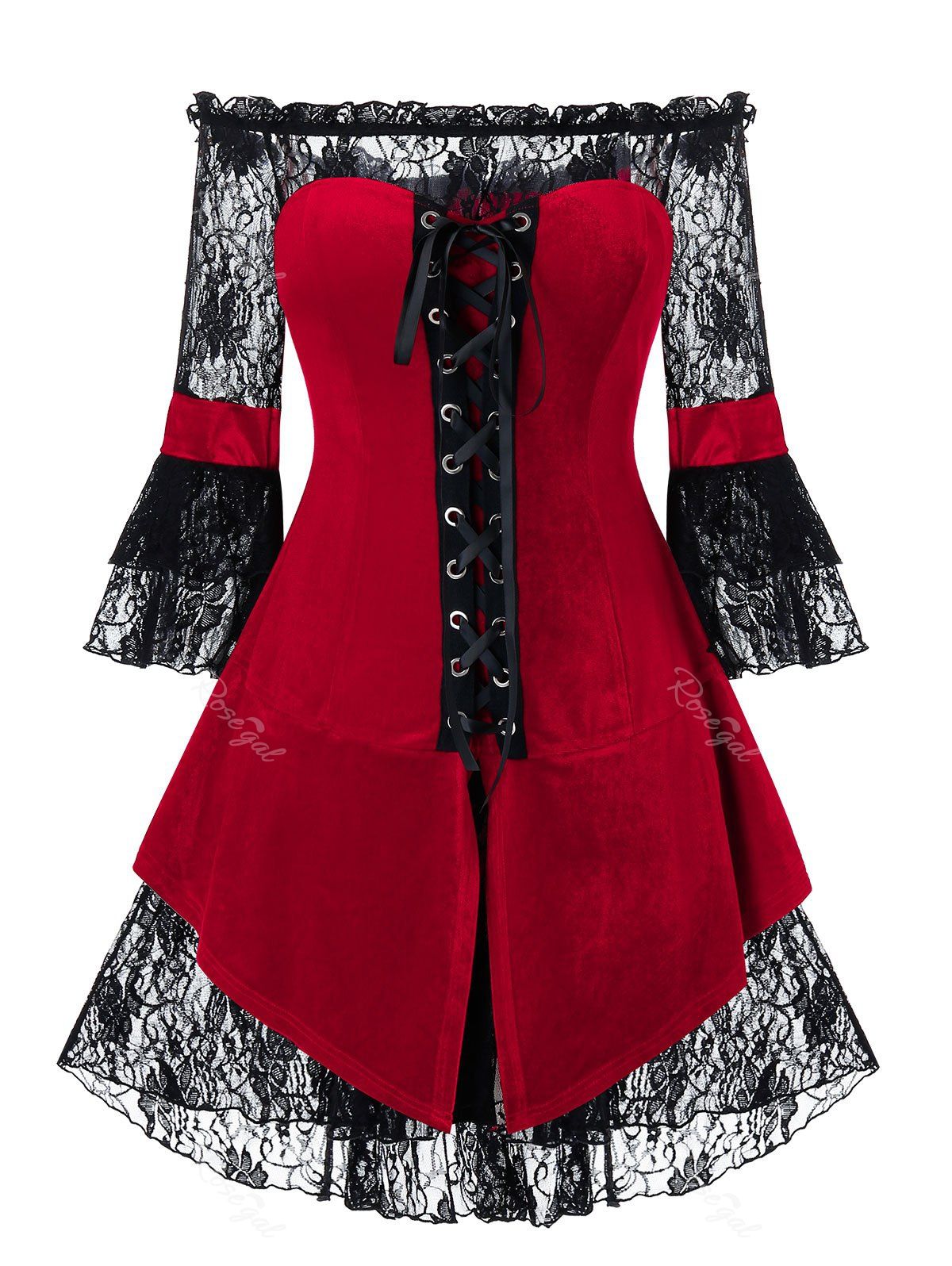 

Plus Size Christmas Lace Insert Lace Up Off Shoulder T Shirt, Red