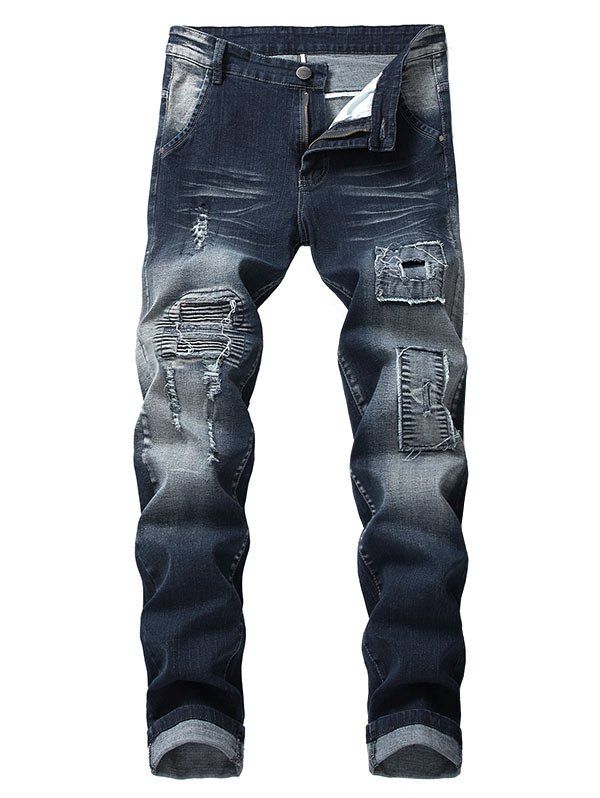 

Pleats Patchwork Ripped Jeans, Denim dark blue