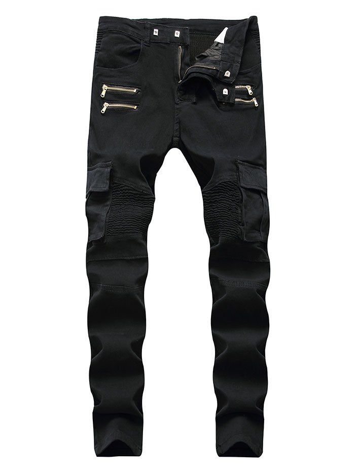 

Zipper Pleats Patchwork Casual Jeans, Black