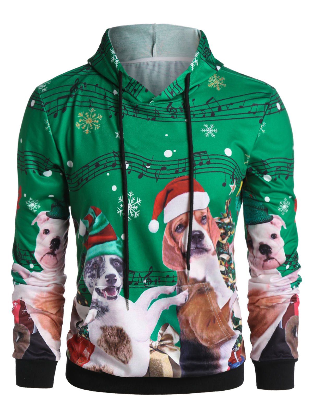 

Christmas Tree Dogs Music Notes Print Kangaroo Pocket Festival Hoodie, Medium spring green