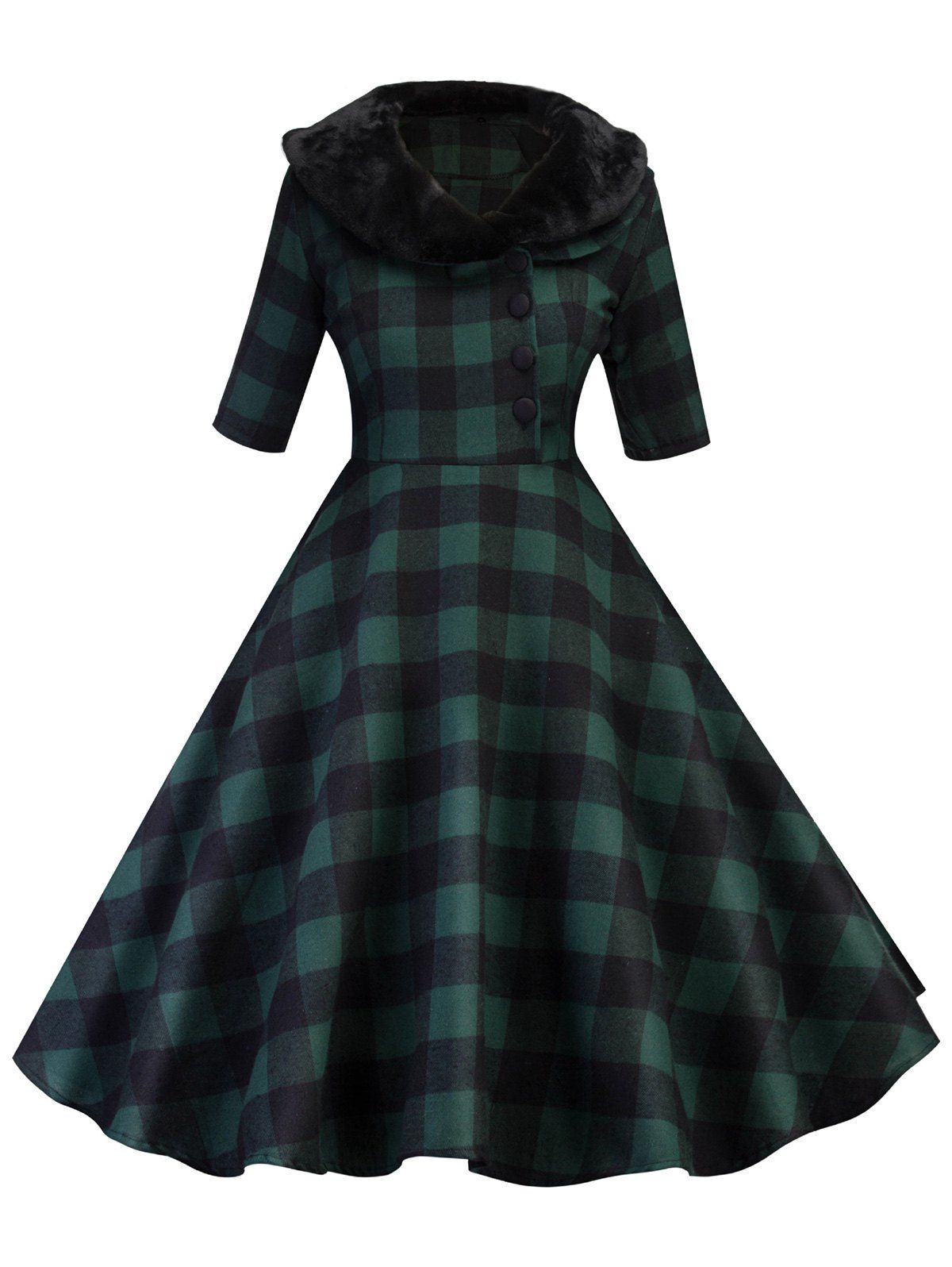 

Half Button Detachable Faux Fur Collar Plaid Dress, Deep green