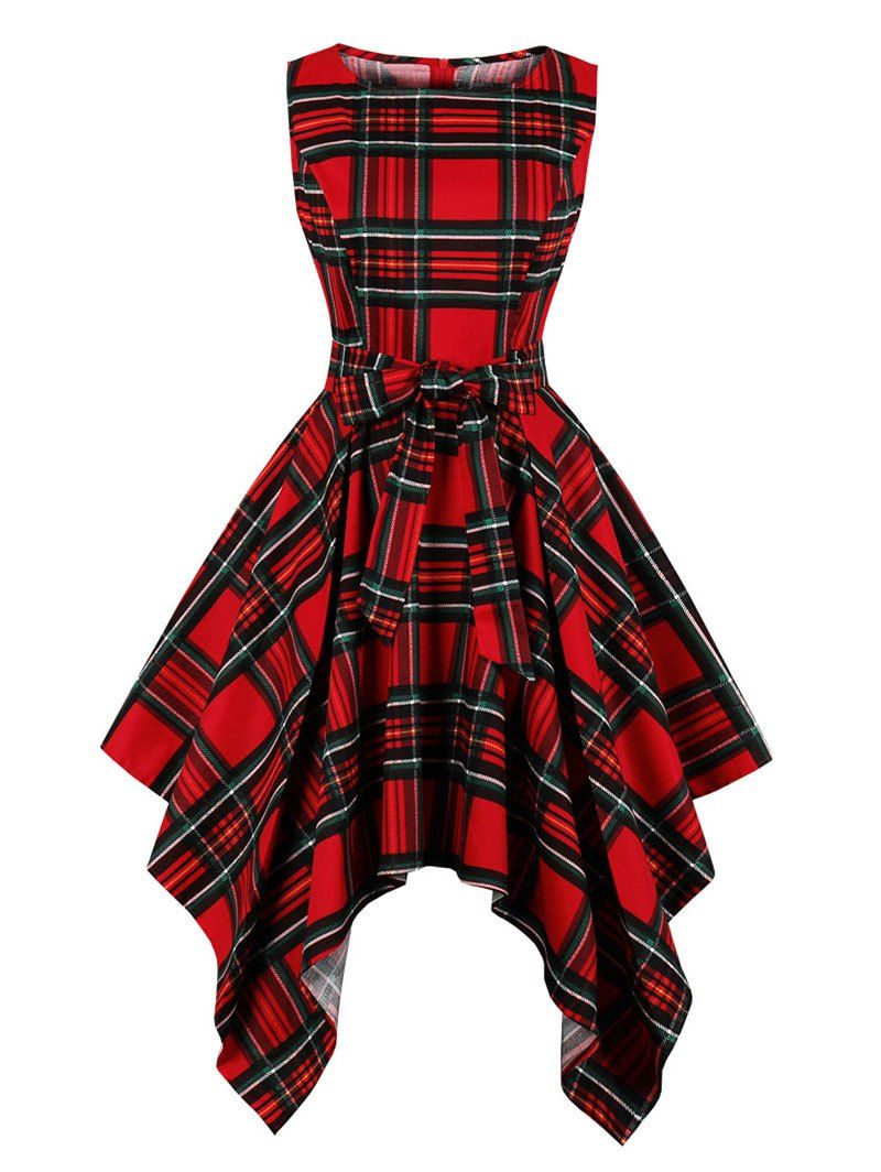 

Checked Belted Sleeveless Handkerchief Dress, Cherry red