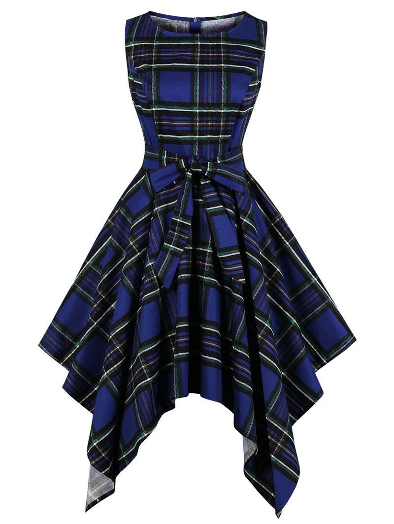 

Checked Belted Sleeveless Handkerchief Dress, Deep blue