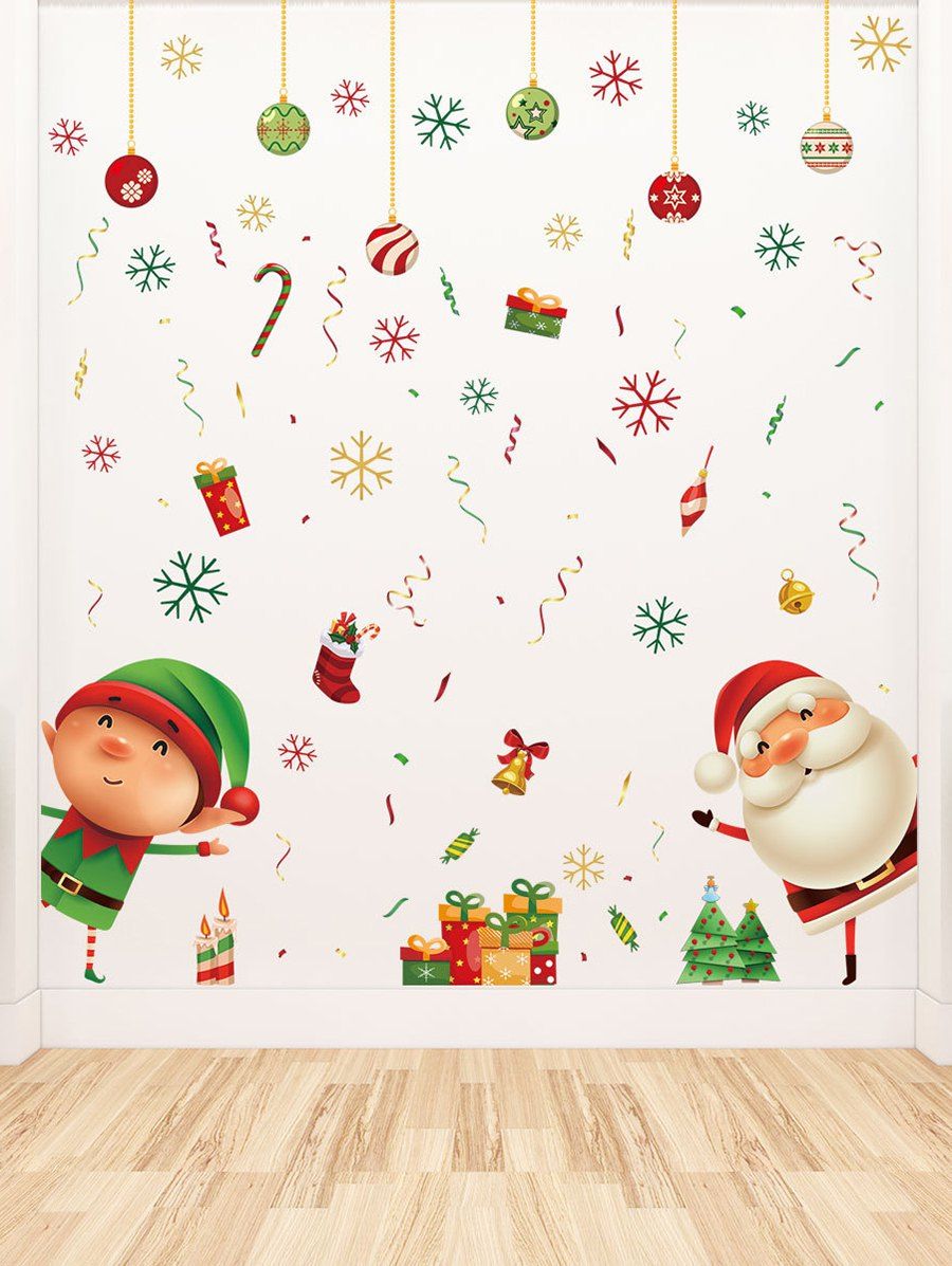 

Christmas Balls Santa Claus Elf Print Wall Art Stickers, Multi