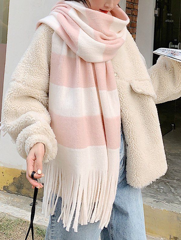 

Winter Knitted Striped Fringe Long Scarf, Light pink