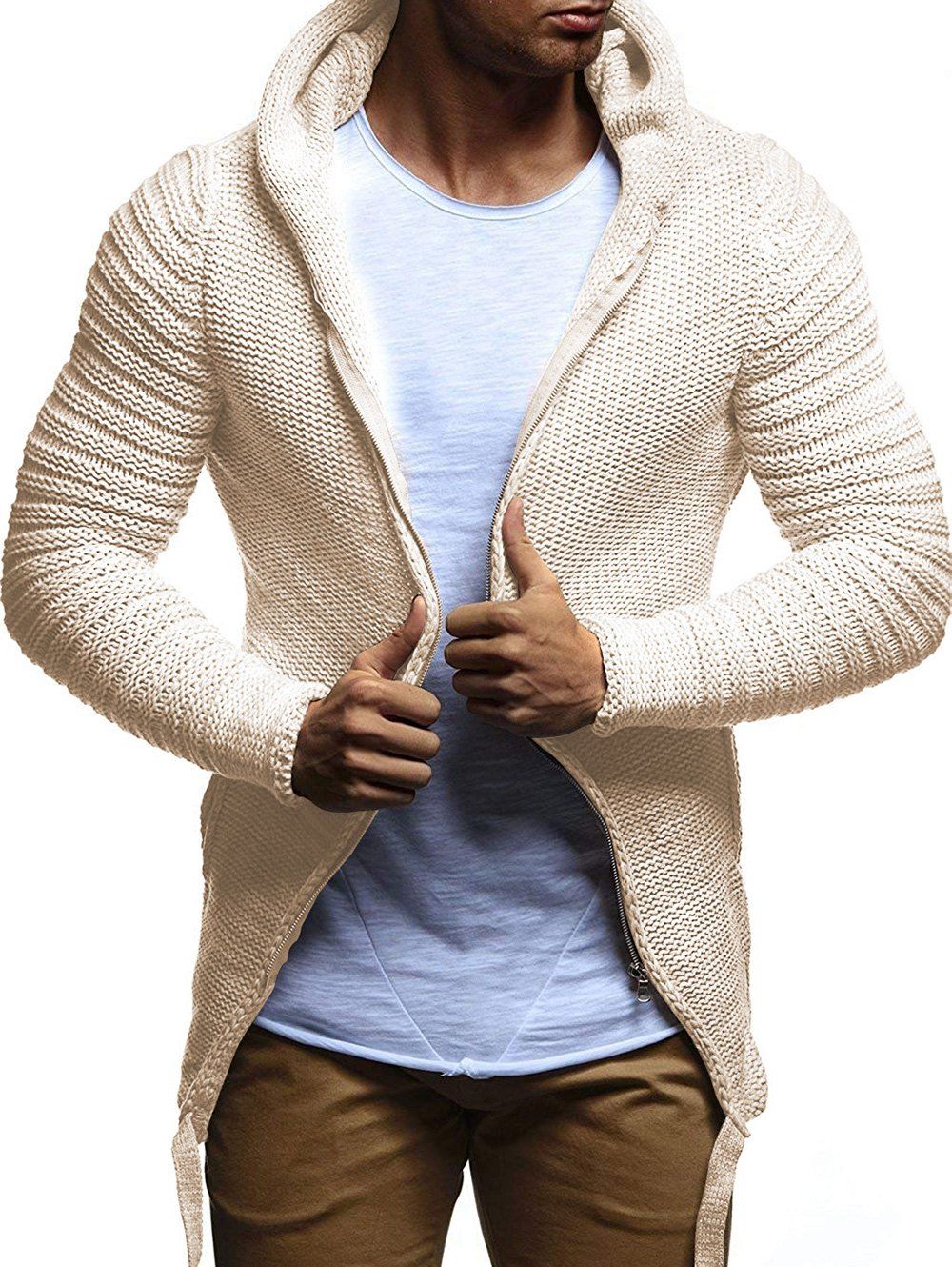 

Side Lace Up Cable Knit Zip Up Hooded Cardigan, Light khaki
