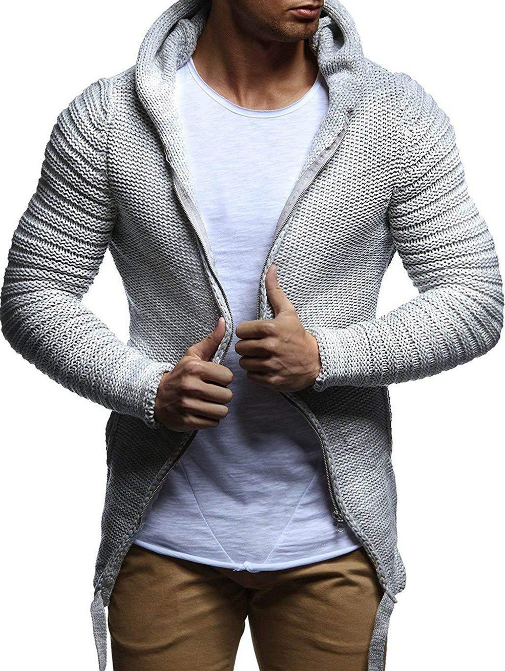 

Side Lace Up Cable Knit Zip Up Hooded Cardigan, Light gray