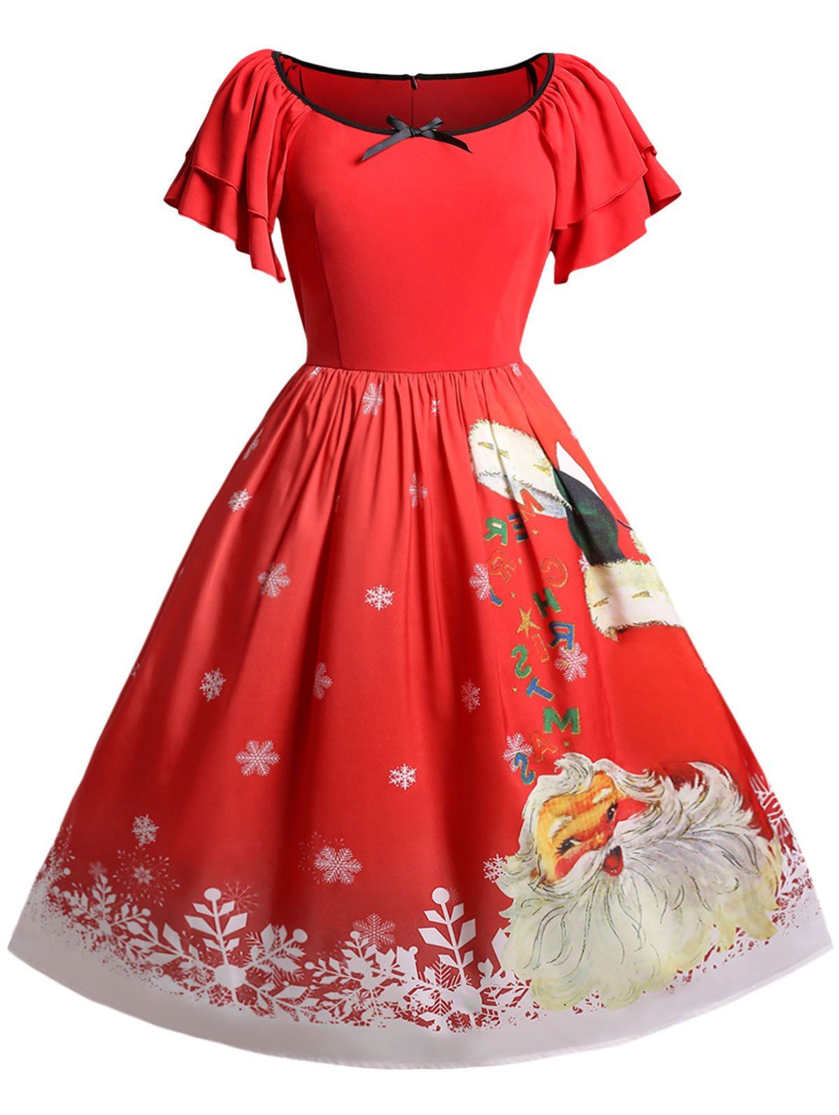 

Christmas Santa Claus Snowflake Raglan Sleeve Party Dress, Red